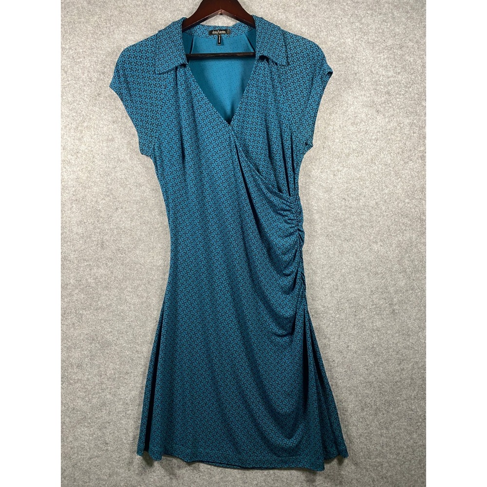 Daisy Fuentes Womens Teal Black Geometric‎ Faux Wrap Ruched Dress Size M